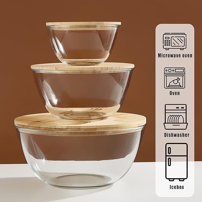 Glass Salad Bowls with Bamboo Lids & Utensils Set of 3, Large Capacity Serving Bowl Clear Mixing Bowls, 3pc Nesting Glass Containers with Wood Lids, Microwave Safe Baking Bowls for Kitchen