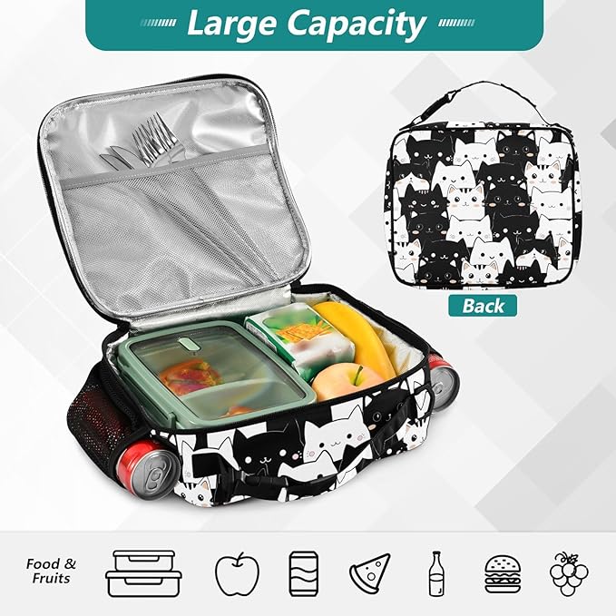 Cute Lunch Bag for Women Insulated Cat Lunch Box for Kids Girls Boys Reusable Leakproof Lunch Tote Bag with Shoulder Strap for School Work Picnic