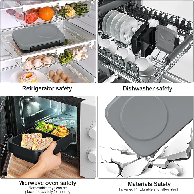 Bento Box for Kids,Kids Bento Lunch Box with Built-in Ice Pack for School,3 Compartments Leak Proof Lunch Container with Utensils for Girl Boy;BPA Free,Microwave & Dishwasher Safe, 44oz(Gray)
