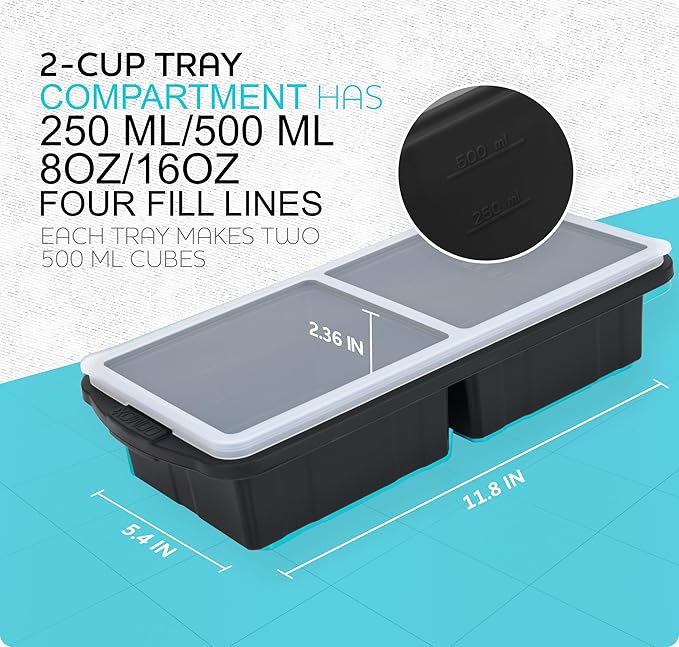 Silicone Freezer Tray With Lid-Soup Freezer Container molds-2-cup Extra Large Ice Cube Tray-makes 4 perfect 500ml portions cubes, For freezing soup,stews,sauces.Oven&Dishwasher-Safe(2-Pack)