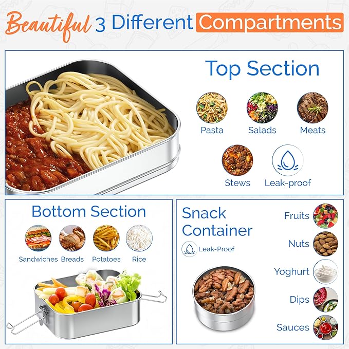 Stackable Stainless Steel Lunch Box With Snack Box 1400ml - Bento Box for Kids & Adults, Lunchable Food Container, Eco-Friendly Metal for School, Work & Travel