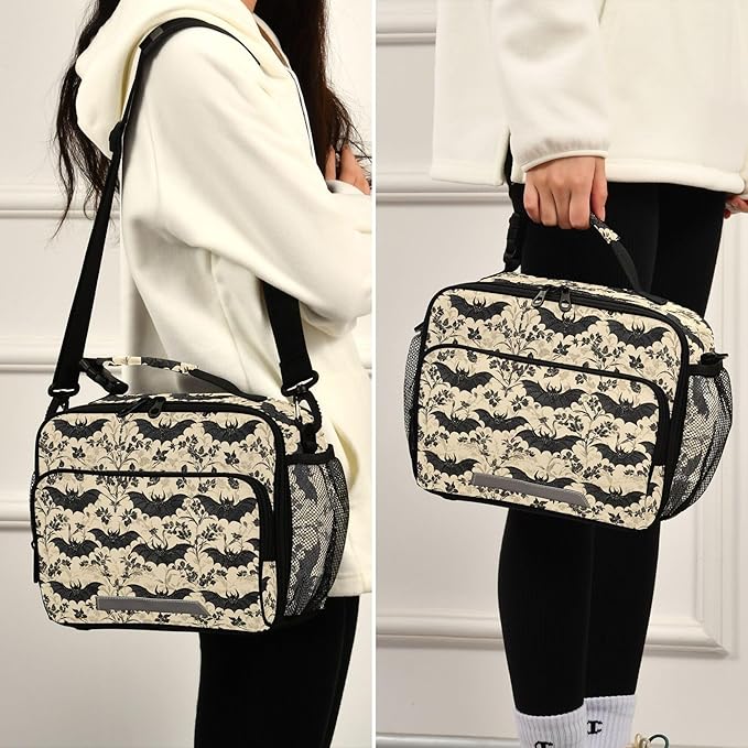 MNSRUU Student Lunch Bag Bats and Flowers Vintage Insulated DinnerTotes Picnic Bag Lunch Box with Adjustable Shoulder Strap for Teen Kids Adults
