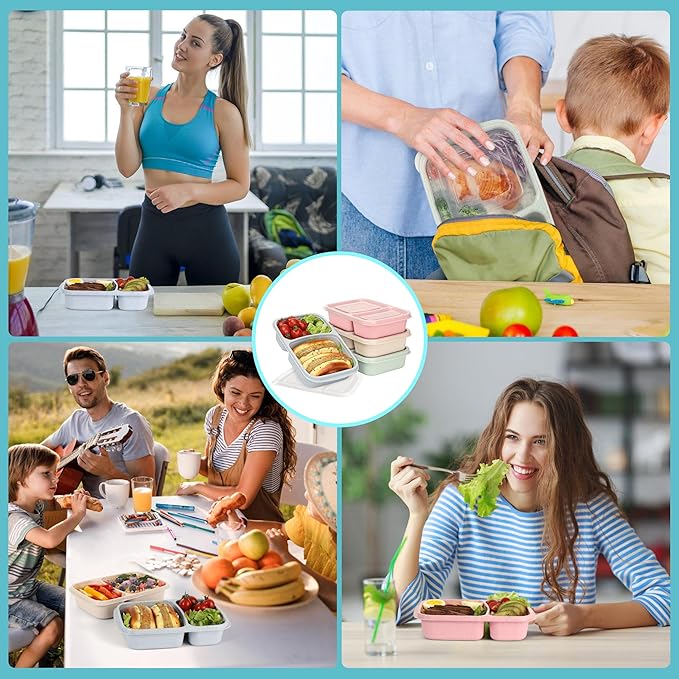 4 Pack Bento Lunch Box for Kids Adults, 2 Compartments Lunch Containers, Reusable Meal Prep Containers with Lids, Microwave & Dishwasher Safe, Divided Food Prep Containers for Travel, School & Work