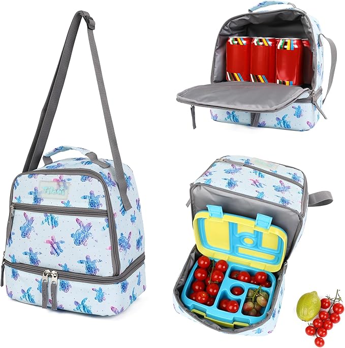 Tilami Lunch Bags Insulated Adjustable Strap Zipper, Water-Resistant Cooler Bags, Bento Bags for Kids Toddlers, Turtle Blue