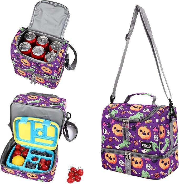 Tilami Lunch Bags Insulated Adjustable Strap Zipper, Water-Resistant Cooler Bags, Bento Bags for Kids Toddlers, Halloween Purple