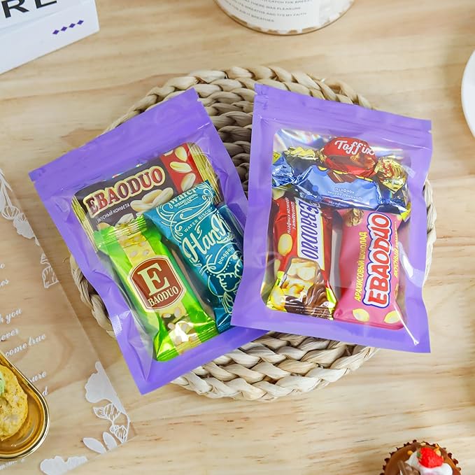 100 Pcs Mylar Bags Purple Holographic Bags with Clear Window Sealable Bags for Food Storage Resealable Bags for Small Business(4×6Inch)