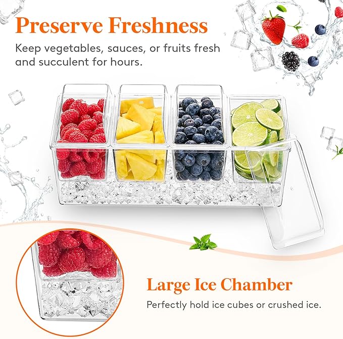 Lifewit 2 Pack Ice Chilled Condiment Caddy with 4 Containers(2.5 cup), Condiment Server with Separate Lids, Serving Tray Platter for Bar Accessories, Fruit, Salad, Taco, Party Garnish