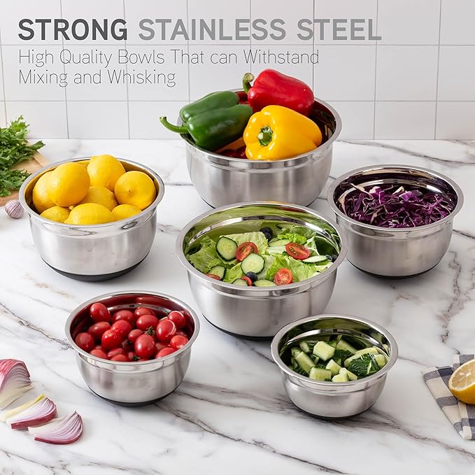 Country Kitchen Mixing Bowls with Airtight Lids - 12 piece Stainless Steel Metal Nesting Storage Bowls, Non-Slip Bottoms (Grey)