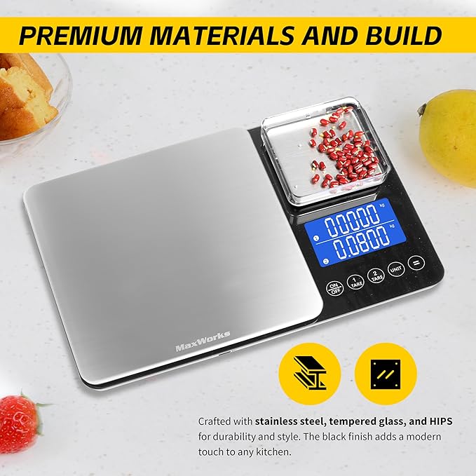 MaxWorks Dual Platform Digital Kitchen Scale 51069 22 lbs Capacity 11 inch x 7 inch x 1.18 inch Scale Units g kg lb oz ml Unit Conversion Tare Stainless Steel Tempered Glass + HIPS