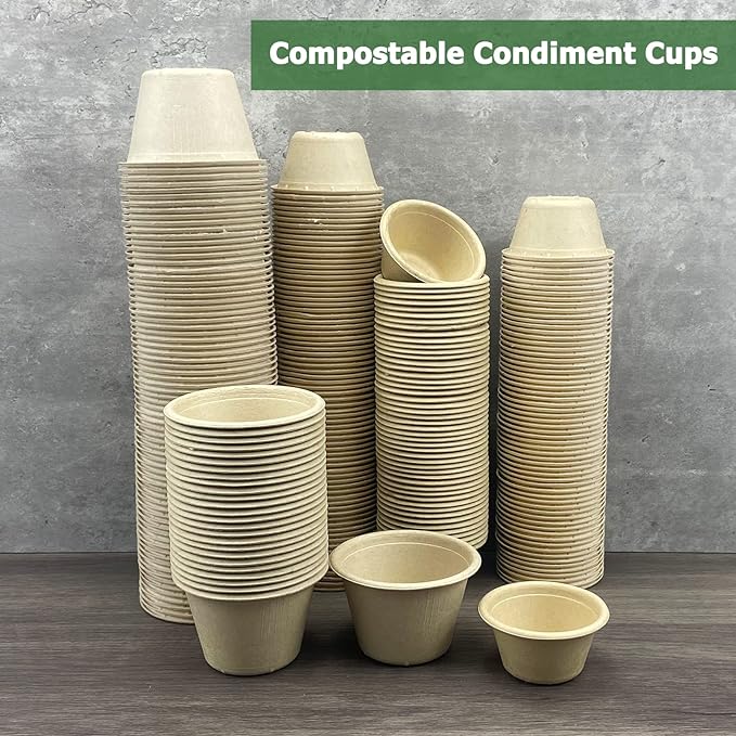 CAMKYDE 2 oz Disposable Bagasse Fiber Souffle Cups 100pk, 100% Natural Biodegradable Compostable Condiment Cups Sample Cup Tasting Cup (Natural, Pack of 100)