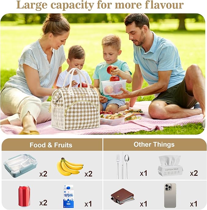 LOKASS Insulated Lunch Bag Women- Reusable 10 L Lunch Box for Women - Leakproof Tote Cooler Bag for Adults Work, Beach, Travel, Picnic (Brown&White Diamond Grid)