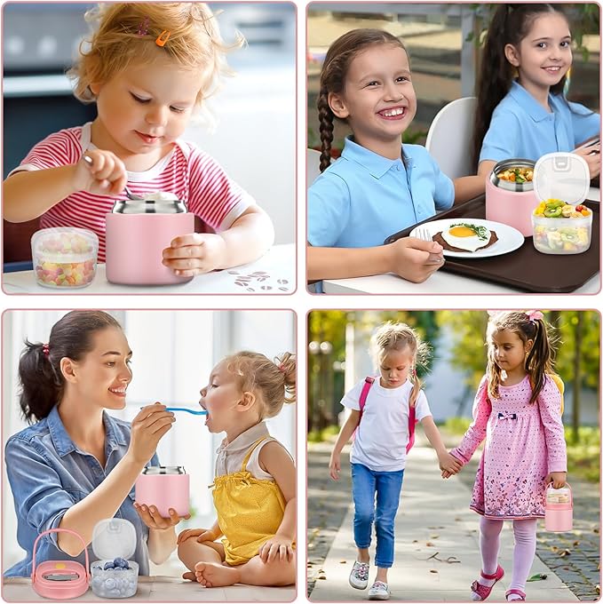 2-In-1 Soup Thermo for Hot Food Kids, 15 Oz Insulated Food Container and a Snack Box, Wide Mouth, Leak Proof, Stainless Steel Spoon, Dishwasher Safe Food Thermo Set for School, Work, Travel, Pink