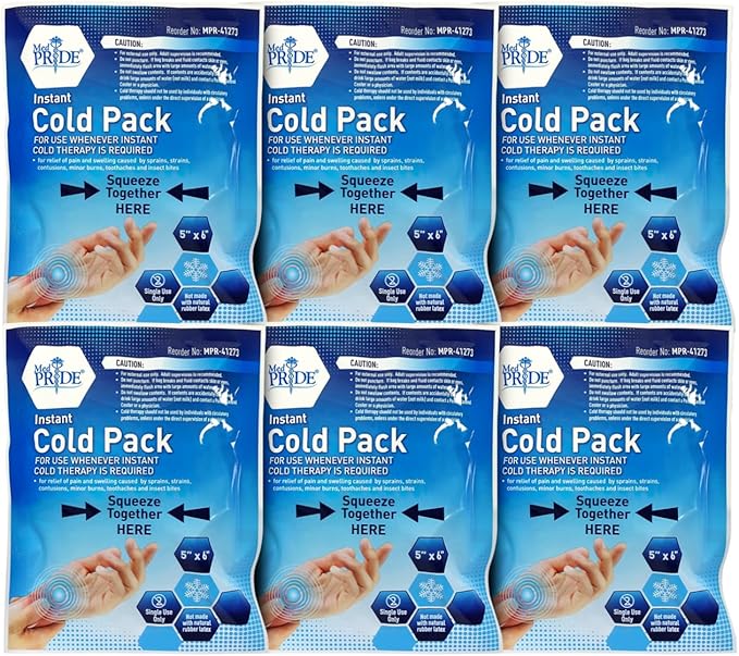 MED PRIDE Emergency Ice Packs 6-Pack, First Aid Instant Cold Pack for Pain Relief, Disposable 5''x 6'' Ice Pack for First Aid Kit, No Freezer Needed