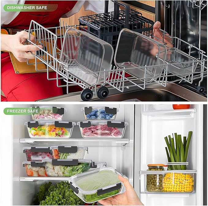Glass Food Storage Containers 10 Pack, Glass Meal Prep Containers with Snap Lock Leakproof Lids, Reusable Microwave safe BPA-free Lunch Boxes (10 Containers & 10 Lids) 1040ml & 370ml