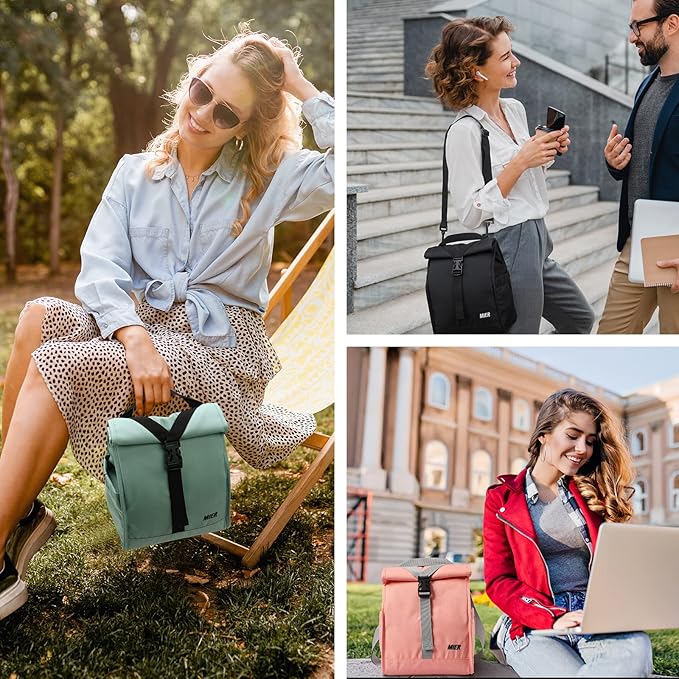 MIER Insulated Lunch Bag Roll Top Lunchbox for Women Men Adults Foldable Rolltop Lunch Tote with Shoulder Strap for Work Office Picnic, Water Bottle Holder, Green