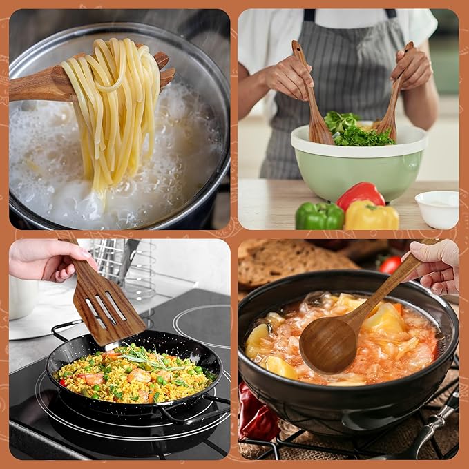comfoyar Teak Wooden Spoons for Cooking, 9 Pieces Kitchen Cooking Utenails Set with Holder and Ladle, Heat Resistant Kitchen Cookware for Nonstick Pan