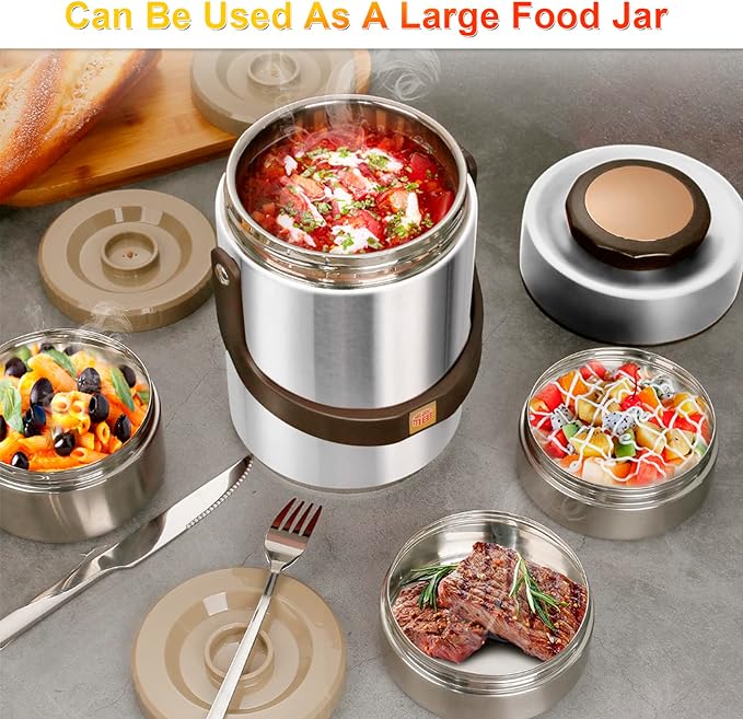 67 oz Adults Stainless Steel Vacuum Insulated Wide Mouth Soup Food Thermo Hot Food Jar with Keep Thermal Portable 3 Tier Stackable Bento Hot Food Containers Lunch Boxes (67 oz Silver)
