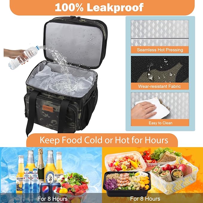 Expandable Large Insulated Lunch Box, Heavy Duty Lunch Cooler Bag Durable Leakproof Lunch Pail for Men Women Adults Work Shift Outdoor Picnic Camping Road Trip, 24 Can, Black-Camo, GLENKEY