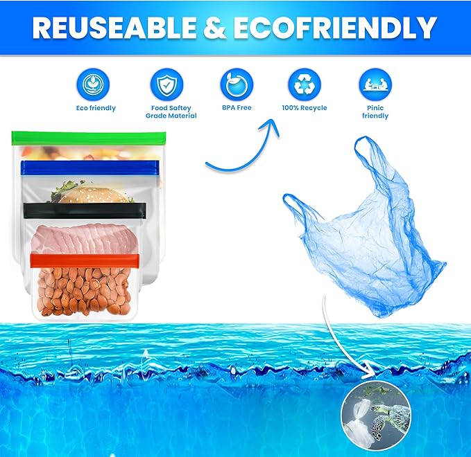 12-Pack Reusable Food Storage Bags (XL & Gallon Sizes) – Leakproof, Eco-Friendly Ziplock Bags for Meal Prep, Travel, Freezer Storage, and Kitchen Organization – Durable & BPA-Free