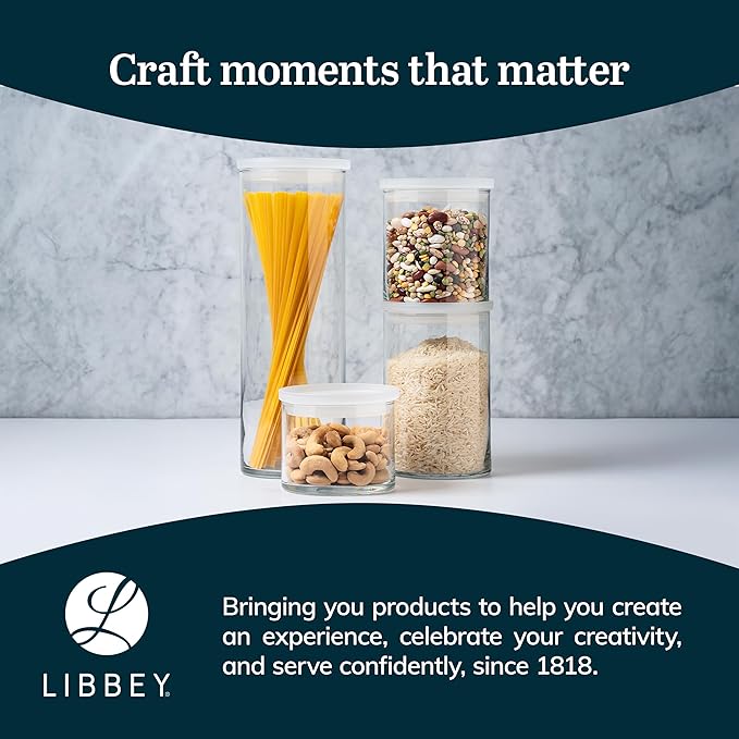 Libbey Stacking Cylinder Assorted Storage Jars, Stackable Glass Jars Set of 4, Airtight Plastic Lids, Dishwasher Safe Food Jars for Storing Dry Goods