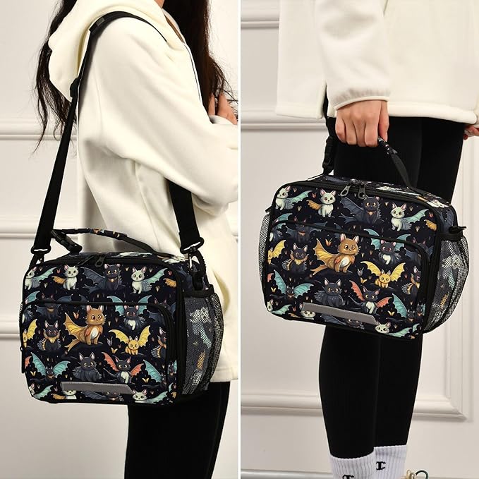 MNSRUU Student Lunch Bag Gothic Skull Cat Bat Insulated DinnerTotes Picnic Bag Lunch Box with Adjustable Shoulder Strap for Teen Kids Adults