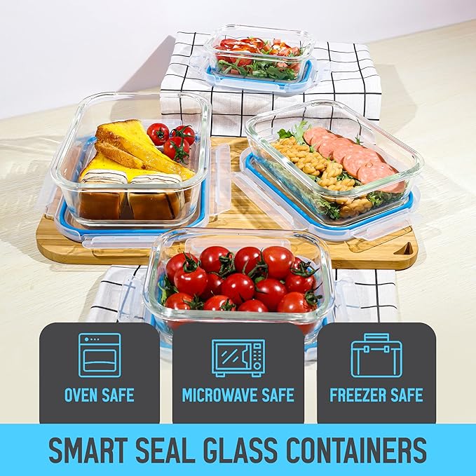 PLANET AVENUE 4-Pc Glass Food Storage Containers Set with Plastic Lids, Airtight, Meal Prep Containers with Leak-Proof Locking Lids, Safe for Microwave, Own Freezer, and Dishwasher, BPA-Free
