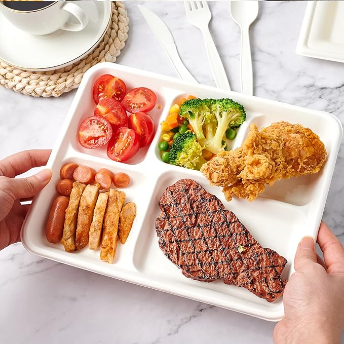 ECOLipak 100% Compostable 5 Compartment Plates, 125 Pack Disposable Paper Plates, Heavy-Duty Biodegradable Sugarcane Plates, Eco-Friendly School Lunch Trays