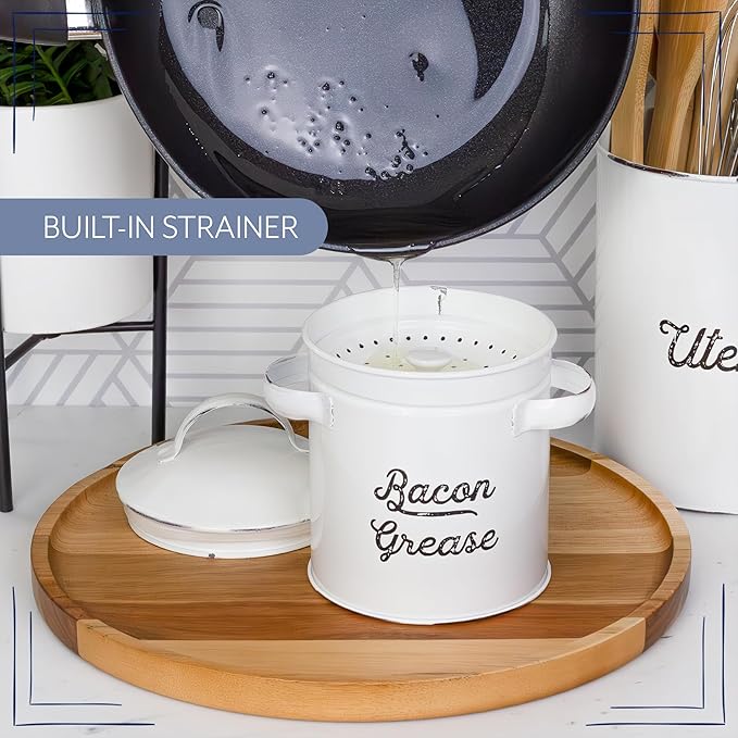 AuldHome Design Grease Container, White Enamelware Bacon Grease Can w/Strainer, Farmhouse Style, Keto-Friendly