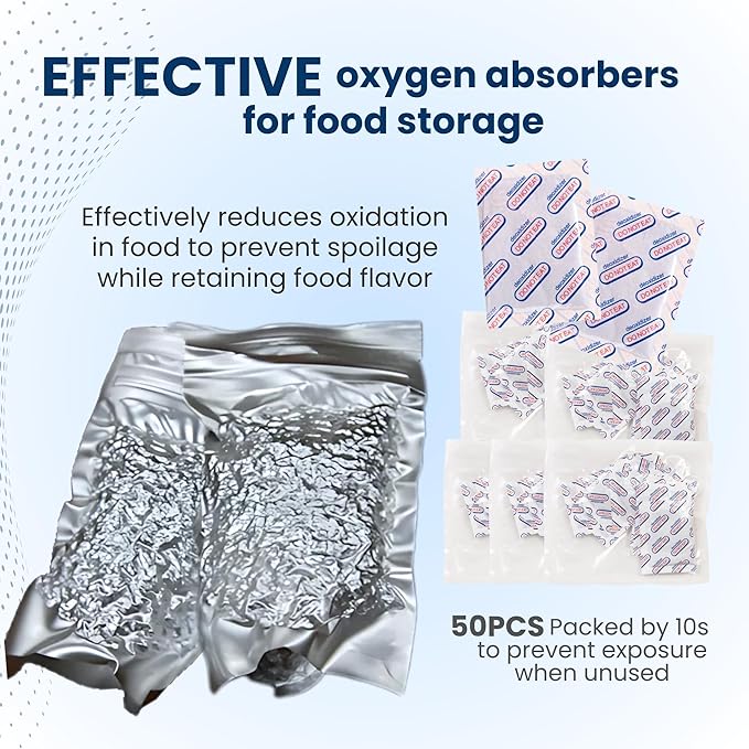 50PCS Quart Mylar Bags For Food Storage - 10Mil Thick 7x10 inch Mylar Bags with Oxygen Absorbers 400cc & Labels, Ziplock Bag for Long Term Storage, Heat & Vacuum Seal Large Kitchen Bag