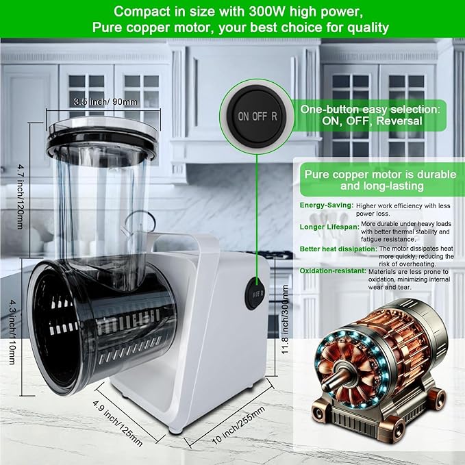 Electric Cheese Grater Salad Maker 300W Electric Vegetable Slicer Shredder Chopper for Fruits with 5 Different Shapes of stainless steel Blades Stainless Steel Food Cutter for Vegetables and Cheeses