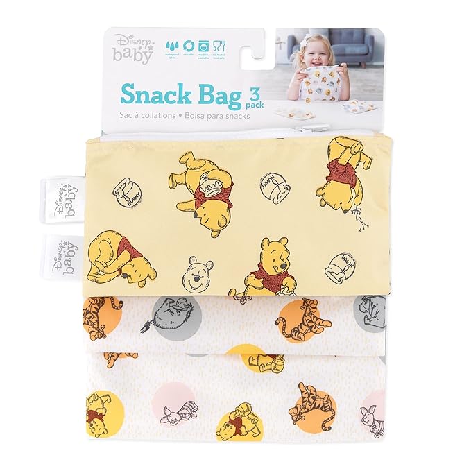 Bumkins Disney Reusable Sandwich and Snack Bags, for Kids School Lunch and for Adults Portion, Washable Fabric, Waterproof Cloth Zip Bag, Travel Pouch, Food-Safe Storage, 3-pk Winnie the Pooh