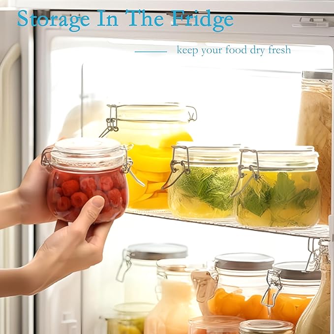 Glass Jars With Airtight Lids 16 OZ 6 Set Wide Mouth Food Storage Canisters Leakproof Sealed Jar Containers With Clamp Lids For Coffee,Sugar, Spices,Snacks, Pickles,Cereal,Tea Bags,Candy,Cookies