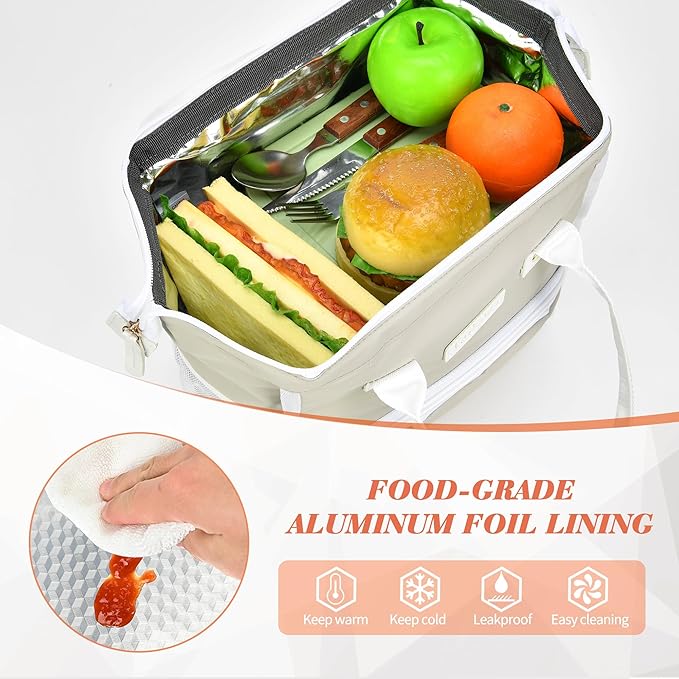 LOKASS Lunch Bag Women Insulated Lunch Box Wide-Open Lunch Tote Bag Large Waterproof Cooler Bag for Work Picnic Hiking Beach(Gray)