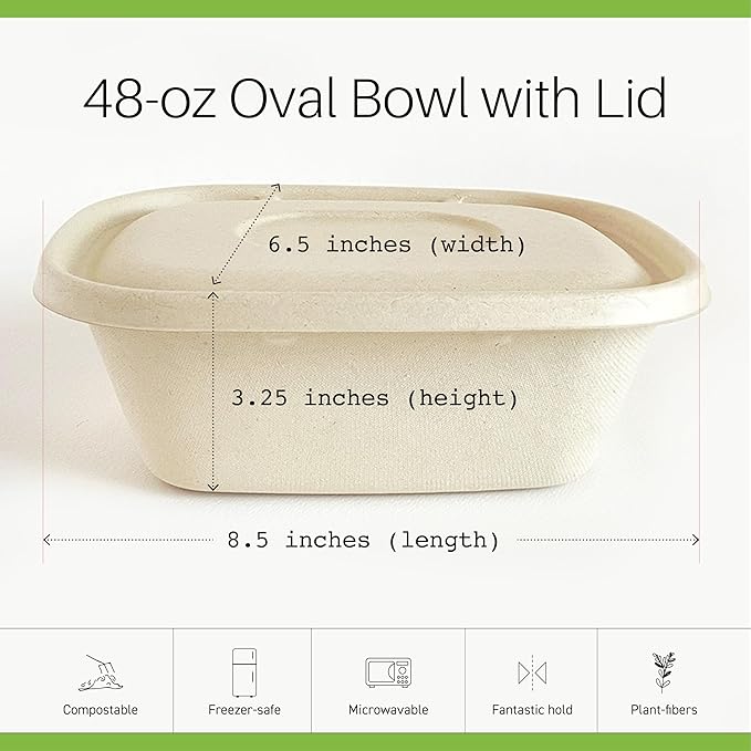 Disposable 48oz Food Containers with Lids (200 Bowls + 200 Lids) Eco-Friendly Biodegradable Bamboo & Sugarcane, Sturdy & Leak Resistant, Freezer & Microwave Safe for Hot & Cold (48 oz)