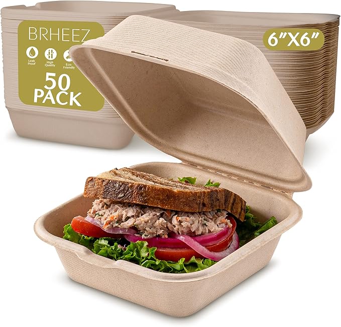 brheez Disposable Clamshell To-Go Containers – Bagasse Fiber Biodegradable Containers with Lids for Takeout, Parties, & Holidays – Pack of 50 Chemical-Free, 1-Compartment Boxes, 6"x6", Natural