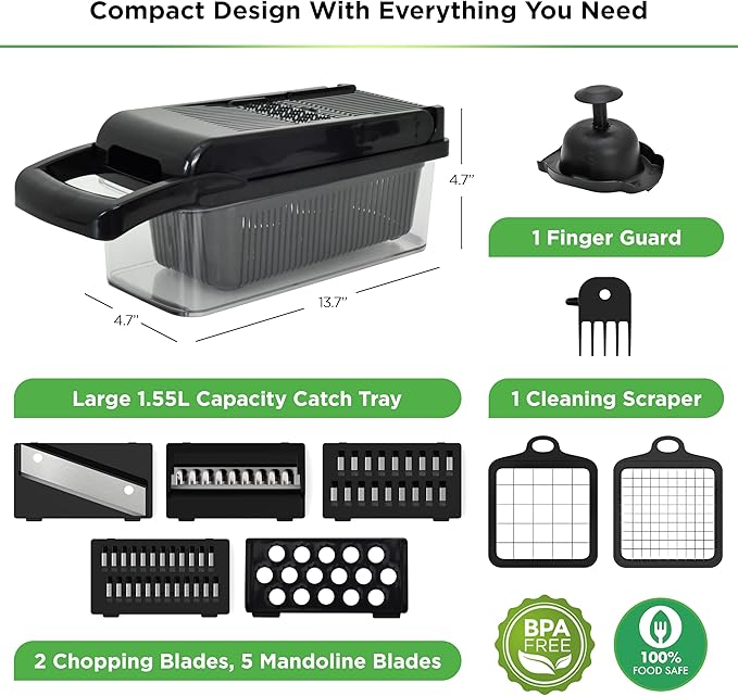 PrepNaturals Vegetable Chopper with Container, Veggie Chopper, Food Chopper & Onion Chopper - Mandoline Slicer for Kitchen (8 in 1, Black)