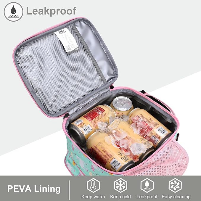 MIER Expandable Lunch Bag Insulated Lunch Box for Teen Girls Women to School Work Travel Portable Lunchbox Bags with Shoulder Strap and Water Bottle Holder(Green-Unicorn)