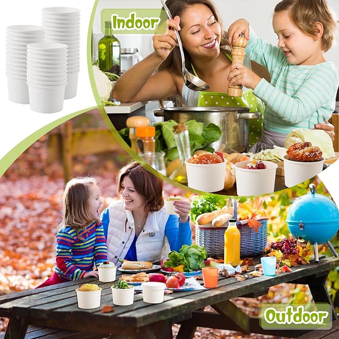 Fulmoon 100 Pack Paper Soup Containers with Lids Disposable Paper Food Containers with Vented Lids Kraft Ice Cream Bowls Soup Cup Ice Cream Cups for Restaurants(8 oz,White)