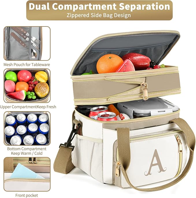 LOKASS Personalized Lunch Bag for Women Work, 16L Initial Insulated Lunch box for Adult/Womens Gift, Leakproof Personalized Gift Lunchbag with Adjustable Shoulder Strap, Cooler Bag Beige - D