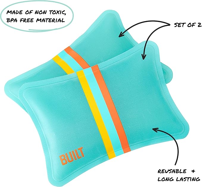 BUILT Curve Soft Ice Packs Set of 2, Freezable, Reusable, Slim, Long-Lasting, for Lunch Bags, Blue Cockatoo with Stripes
