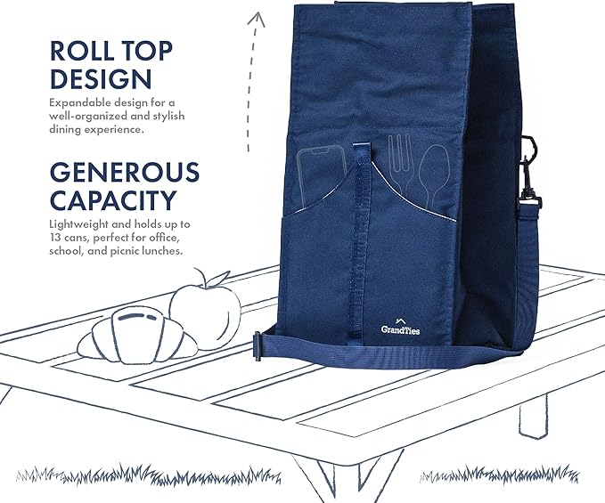 GRANDTIES Insulated Lunch Bag for Women, Men, Adult - Rolltop Leak Proof Meal Prep Lunch Box Containers, Reusable Snack Bags, Travel Cooler, Small Soft Cooler Bag, Fold Top Sandwich Bags, Blue