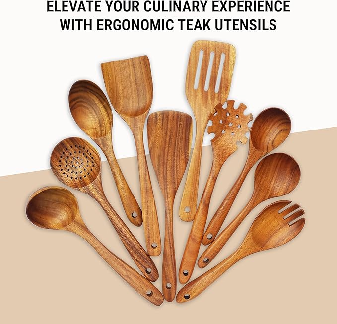 Premium Wooden Spoons for Cooking – 10 Pcs Wooden Utensils Set Teak Wooden Spatulas & Wooden Spoons for Nonstick Cookware – Heat Resistant, Lightweight & Durable