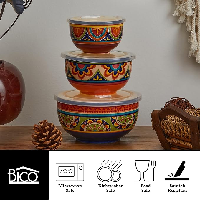 Bico Tunisian Ceramic Bowl with Air Tight Lid Set of 3(27oz, 18oz, 9oz each), Prep bowls, Food Storage Bowl for Salad, Snacks, Fruits, Microwave and Dishwasher Safe
