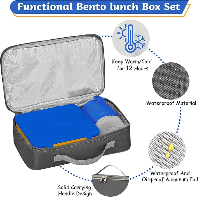 Bento Lunch Box for Kids with 12oz Soup Thermo, Leak-Proof Lunch Containers with 5 Compartments, Insulated Lunch Bag, Thermo Hot Food Jar with Spoon for Kids to School, Travel, Blue