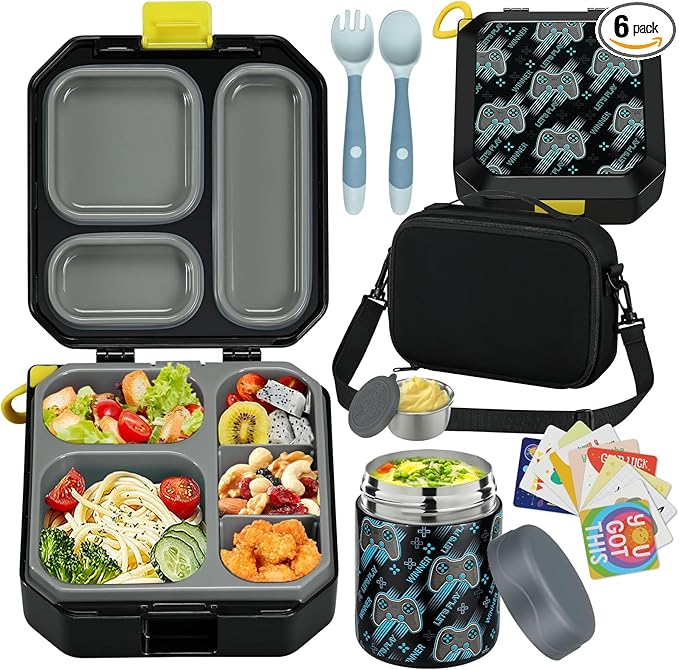 Bento Lunch Box for Kids with 12oz Soup Thermo Leak-Proof Lunch Food Container with 5 Compartment Thermo Hot Food Jar and Insulated Lunch Bag for Kid Toddler Girls Boys to School