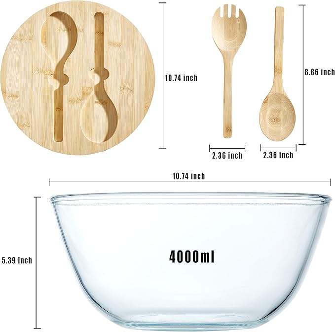 Glass Salad Bowl With Lid, 4.7 Quart Large Serving Bowl Thick Glass Fruit Bowls With Bamboo Utensils, 10.7Inch Trifle Bowl for Salad, Pasta, Dessert Display Cake, Microwave Safe