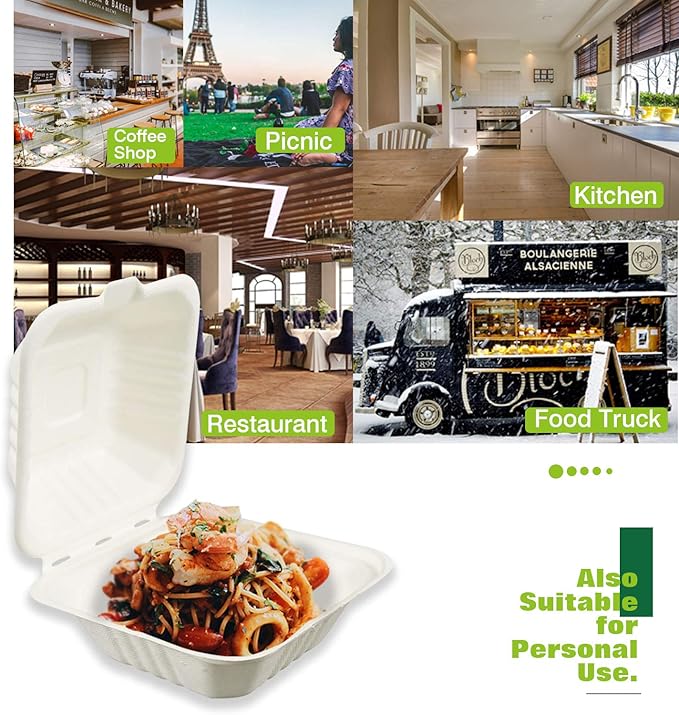 Green Earth 6-inch, 500-Count, Compostable Clamshell, Natural Bagasse (Sugarcane Fiber), Take-Out/to-Go Food Boxes - Biodegradable Containers, Hinged Lid Microwave-Safe Gluten-Free Eco-Friendly