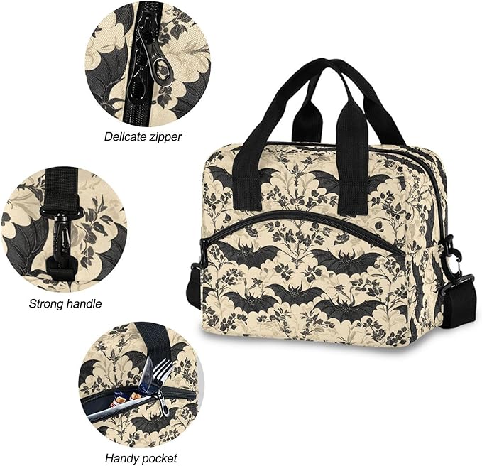 MNSRUU Insulated Lunch Bag Bats and Flowers Vintage Women Men Fabric Dinner Tote Cooler Bag Reusable Leakproof Lunch Box with Adjustable Shoulder Handles Strap For Work School