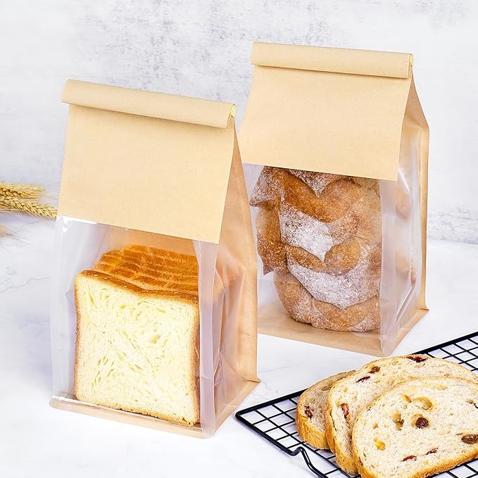 100 Pack Bakery Bags with Window, 5.1x3.9x11 Inches Tin Tie Tab Lock Resealable Bread Loaf Bags for Packaging Homemade Sourdough Bread, Cookies, Bagels, Pastry