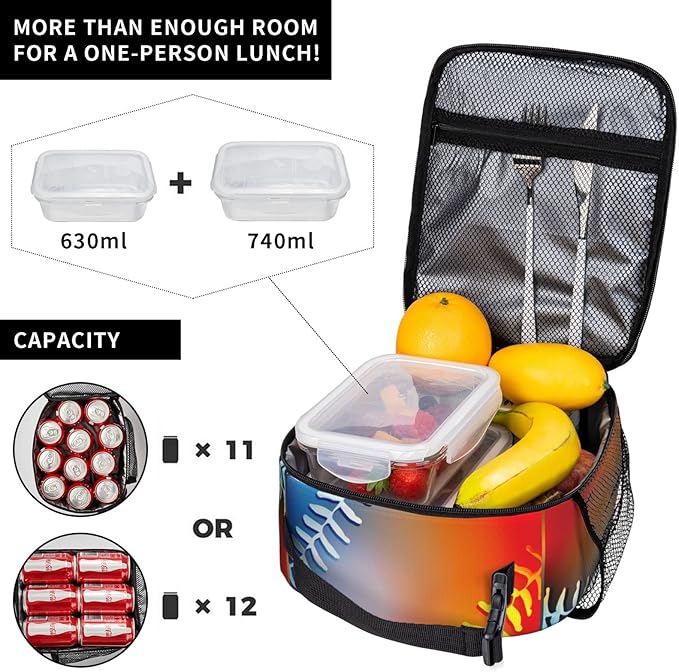 SARA NELL Cool Growing Fireball Lunch Box Baseball Lunch Bag Insulated Reusable Portable Lunch Tote Cooler Bag for Women Men Teens Kids, Office Work School Travel Lunchbox